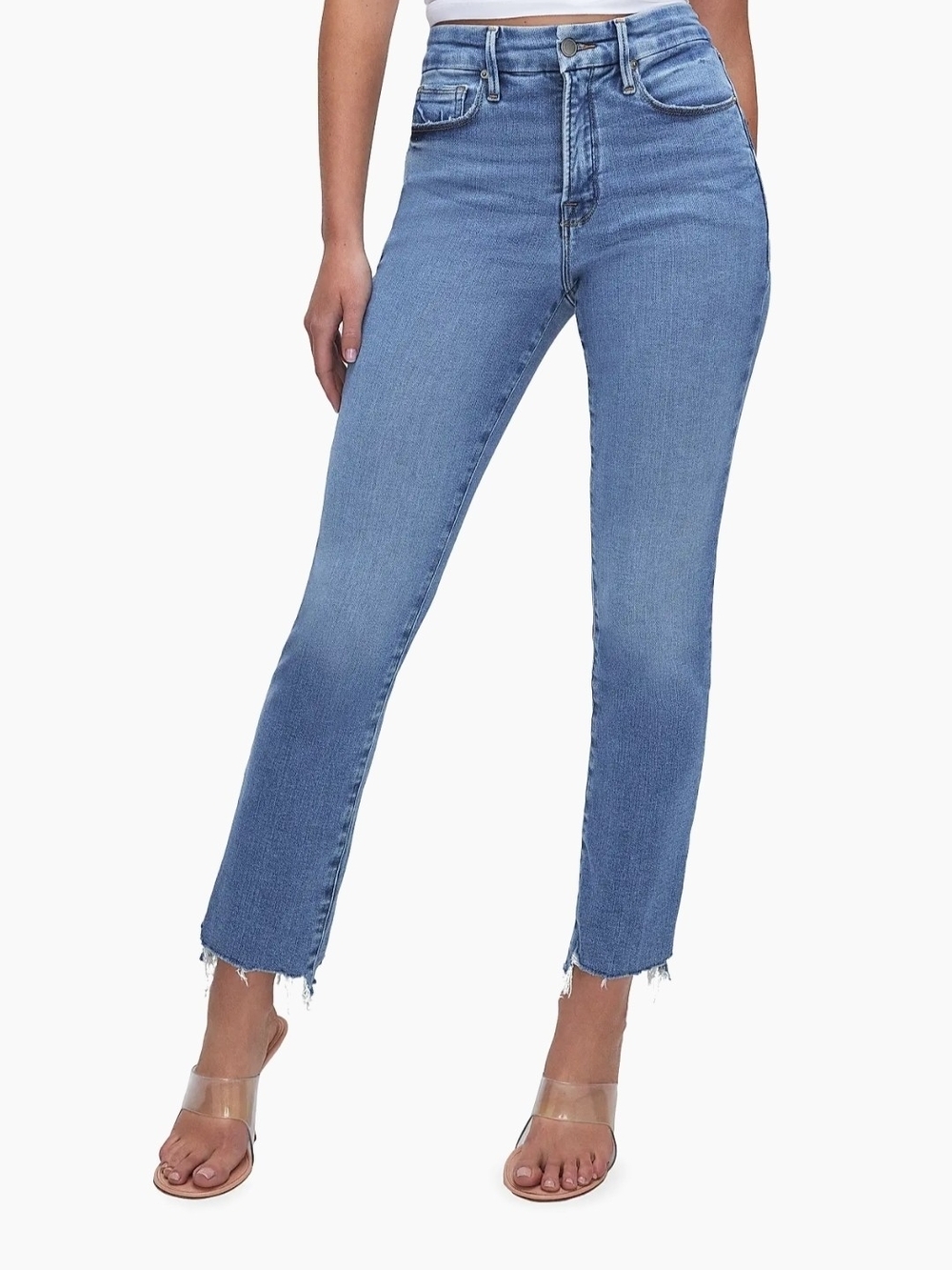 NEW!! Good American 'Good Legs Straight' Mid-Rise Straight Jeans Light Blue,NWT - Picture 2 of 4
